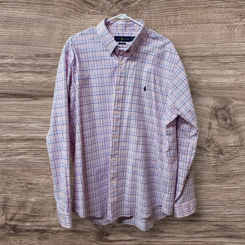 Polo Ralph Lauren Men’s XL Blue Pink Plaid Check Long Sleeve Classic Fit Button